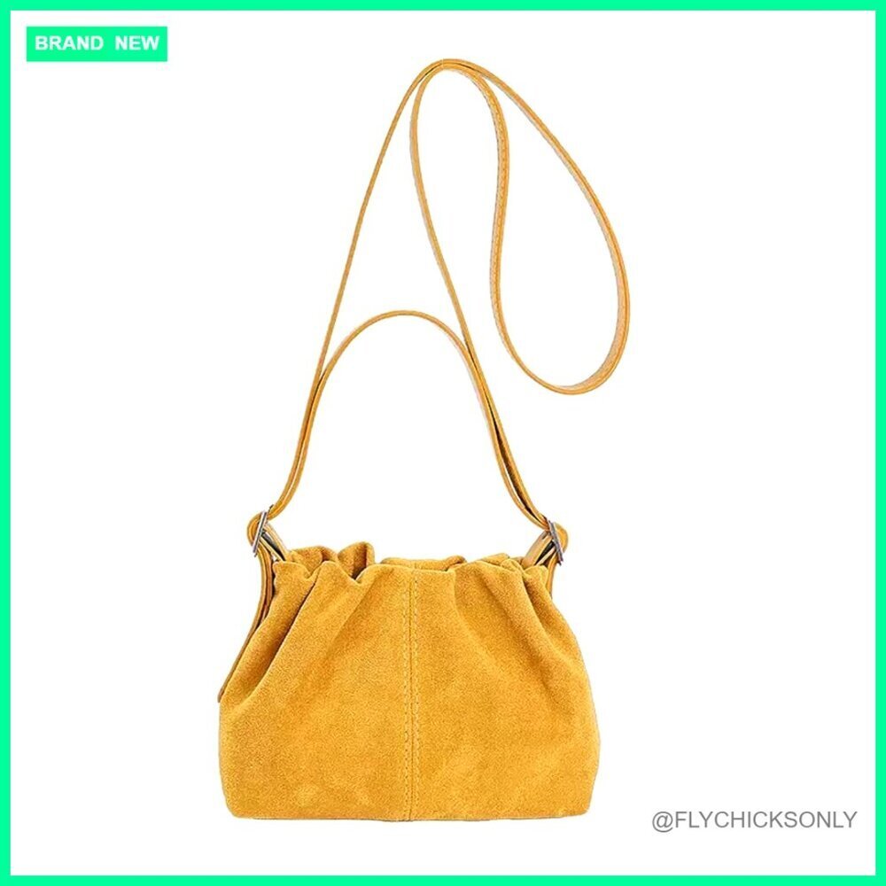 Vintage Faux Suede Drawstring Bucket Bag with 3 Interchangeable Straps